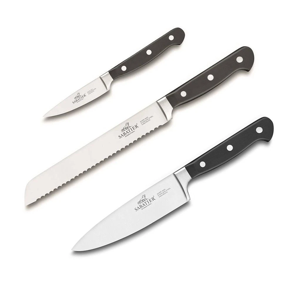 Sabatier® Pluton 3 Piece Knife Set - 9cm Paring, 20cm Cooks, 20cm Bread (774386) 3 Sabatier® Pluton 3 Piece Knife Set - 9cm Paring, 20cm Cooks, 20cm Bread (774386)