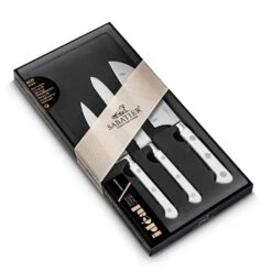 Lion Sabatier® Ideal Toque Blanche 3 Piece Knife Set - 10cm Paring, 12cm Serrated Utility & 18cm Santoku Knife (White Handle With Stainless Steel Rivets) -KITCHEN KNIVES Shop 892383 2