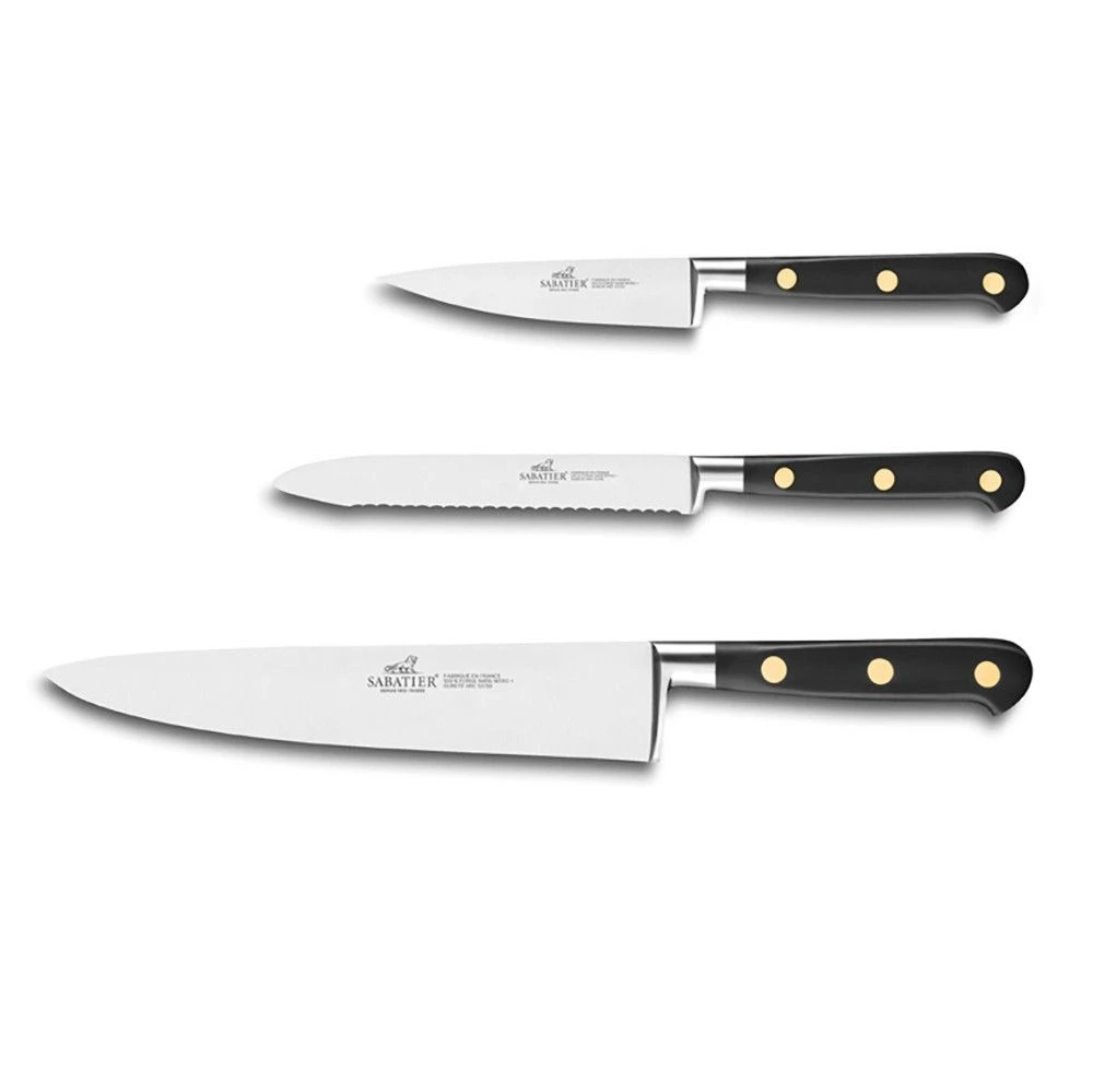 Sabatier® Ideal Brass Rivets 3 Piece Knife Set (10cm Paring Knife, 12cm Utility Knife And 20cm Cooks Knife) 3 Sabatier® Ideal Brass Rivets 3 Piece Knife Set (10cm Paring Knife, 12cm Utility Knife And 20cm Cooks Knife)