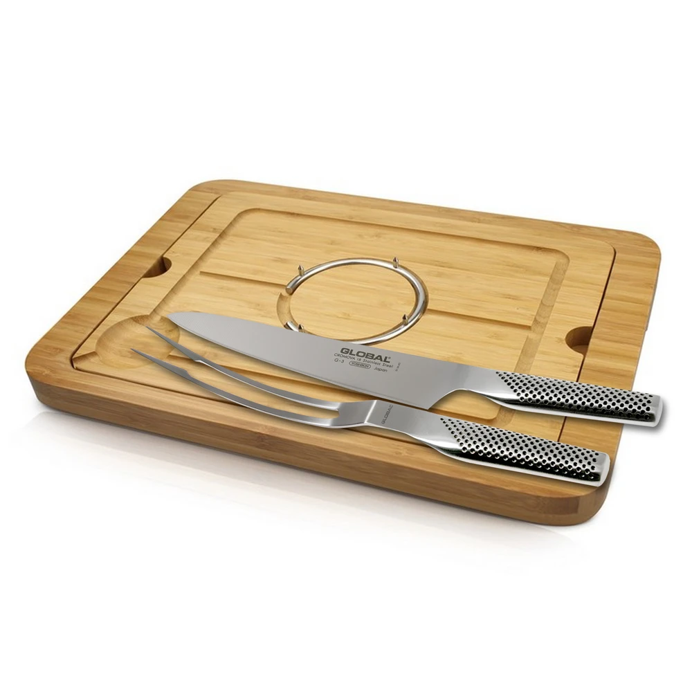 Global Knives 3 Piece Carving Set With Bamboo Spiked Meat Dish 3 Global Knives 3 Piece Carving Set With Bamboo Spiked Meat Dish