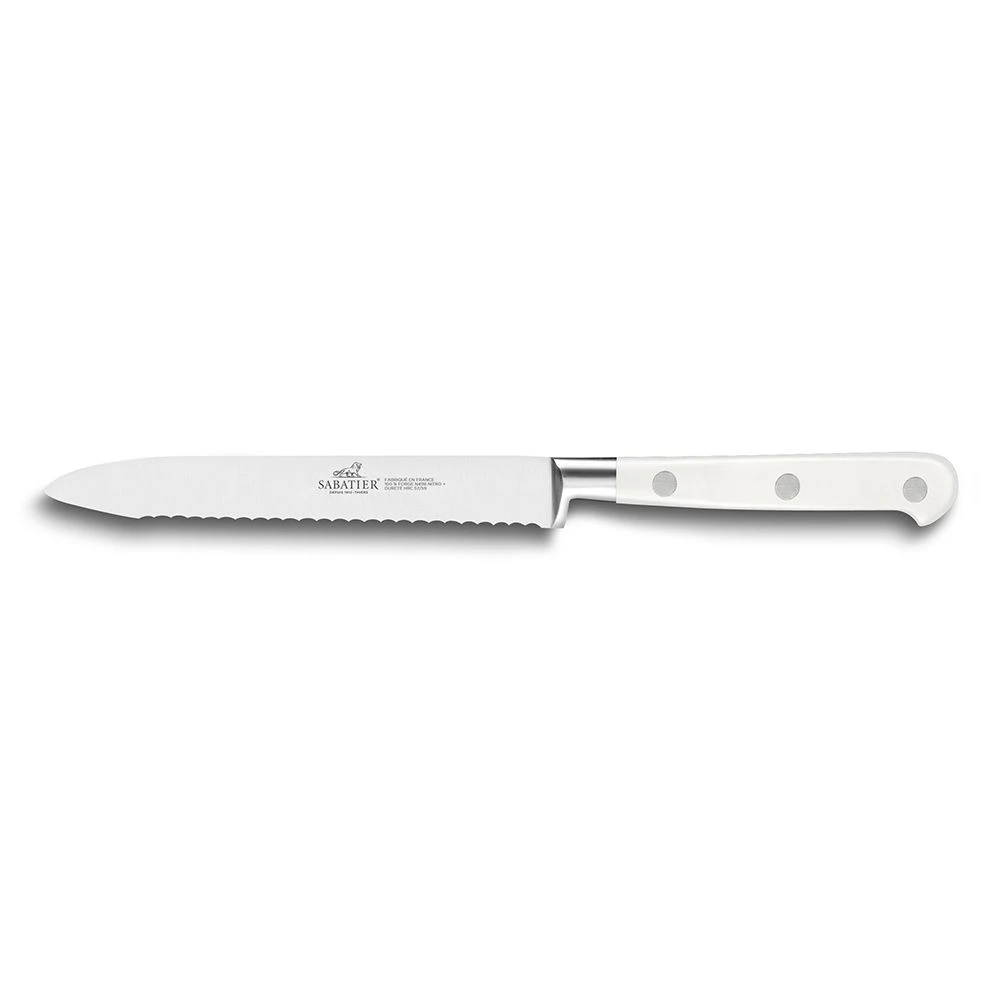 Lion Sabatier® Ideal Toque Blanche 3 Piece Knife Set - 10cm Paring, 12cm Serrated Utility & 20cm Cooks Knife (White Handle With Stainless Steel Rivets) 3 Lion Sabatier® Ideal Toque Blanche 3 Piece Knife Set - 10cm Paring, 12cm Serrated Utility & 20cm Cooks Knife (White Handle With Stainless Steel Rivets)