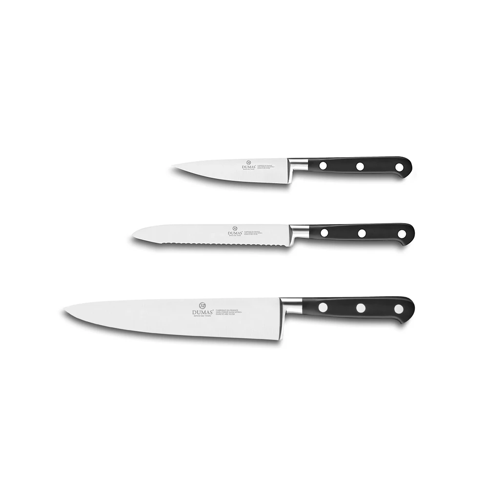 Lion Sabatier® Ideal 3 Piece Knife Set - 10cm Paring, 12cm Serrated Utility & 20cm Cooks Knife (Black Handle With Stainless Steel Rivets) 3 Lion Sabatier® Ideal 3 Piece Knife Set - 10cm Paring, 12cm Serrated Utility & 20cm Cooks Knife (Black Handle With Stainless Steel Rivets)