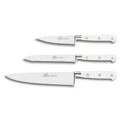 Lion Sabatier® Ideal Toque Blanche 3 Piece Knife Set - 10cm Paring, 12cm Serrated Utility & 20cm Cooks Knife (White Handle With Stainless Steel Rivets) 8 Lion Sabatier® Ideal Toque Blanche 3 Piece Knife Set - 10cm Paring, 12cm Serrated Utility & 20cm Cooks Knife (White Handle With Stainless Steel Rivets) -KITCHEN KNIVES Shop kk 804483