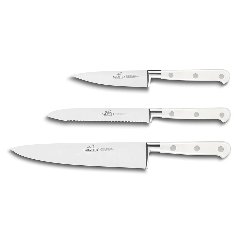 Lion Sabatier® Ideal Toque Blanche 3 Piece Knife Set - 10cm Paring, 12cm Serrated Utility & 20cm Cooks Knife (White Handle With Stainless Steel Rivets) 4 Lion Sabatier® Ideal Toque Blanche 3 Piece Knife Set - 10cm Paring, 12cm Serrated Utility & 20cm Cooks Knife (White Handle With Stainless Steel Rivets) - Image 2