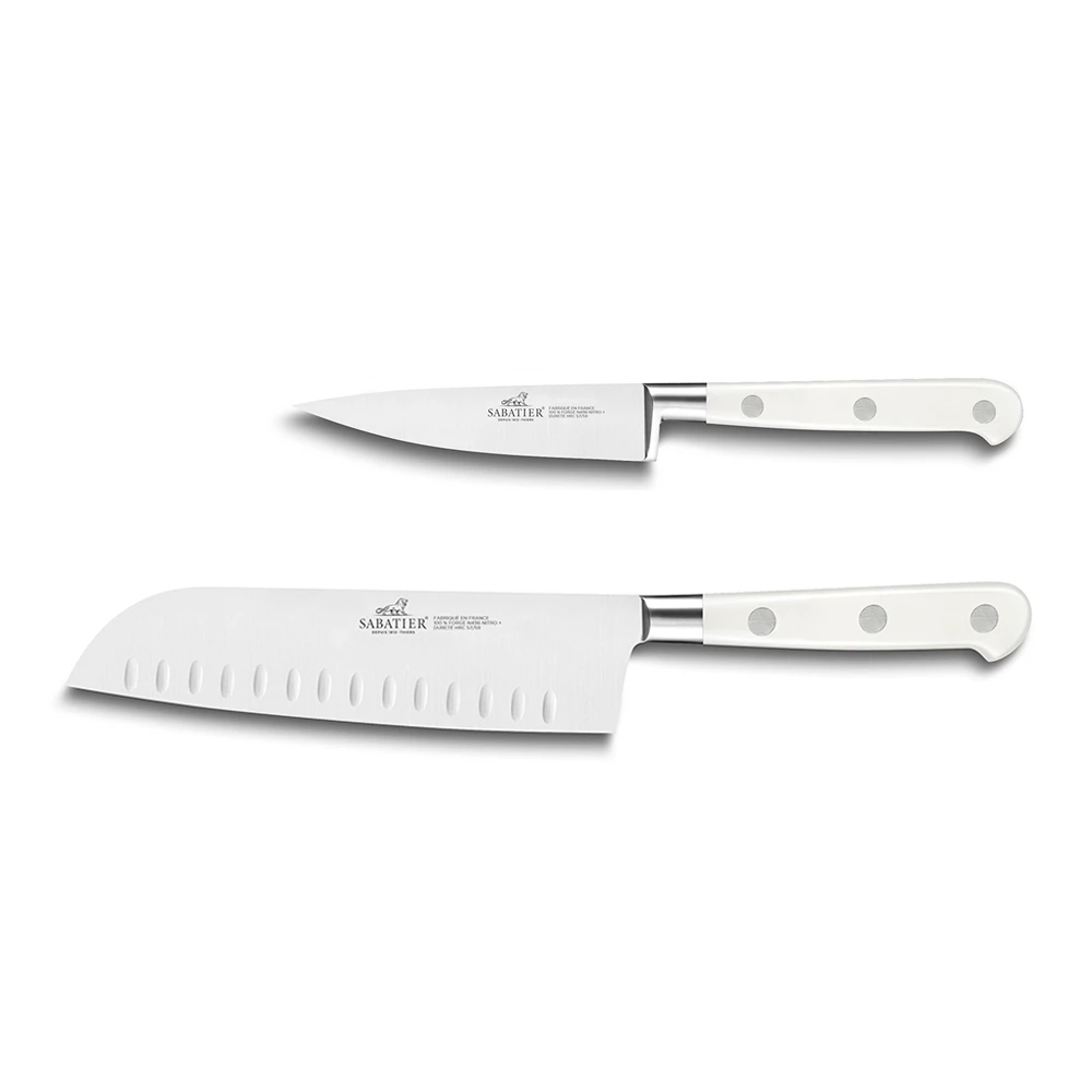 Lion Sabatier® Ideal Toque Blanche 2 Piece Knife Set - 10cm Paring & 18cm Santoku Knife (White Handle With Stainless Steel Rivets) 4 Lion Sabatier® Ideal Toque Blanche 2 Piece Knife Set - 10cm Paring & 18cm Santoku Knife (White Handle With Stainless Steel Rivets) - Image 2
