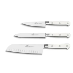 Lion Sabatier® Ideal Toque Blanche 3 Piece Knife Set - 10cm Paring, 12cm Serrated Utility & 18cm Santoku Knife (White Handle With Stainless Steel Rivets) -KITCHEN KNIVES Shop kk 892383
