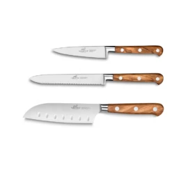 Lion Sabatier® Ideal Provencao 3 Piece Knife Set - 10cm Paring, 12cm Serrated Utility & 13cm Santoku Knife (Olive Handle With Stainless Steel Rivets) -KITCHEN KNIVES Shop kk 892385